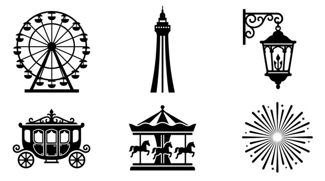 Blackpool Illuminations celebration silhouette symbols, Ferris wheel, observation tower, decorative lantern, illuminated carriage, amusement ride, fireworks burst