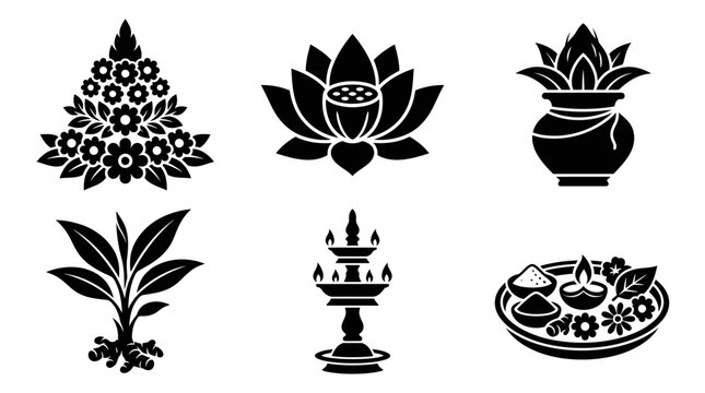 Bathukamma silhouette symbols, Bathukamma flower arrangement, lotus flower, kalash pot, turmeric plant, temple lamp, offering plate, exactly six symbols only