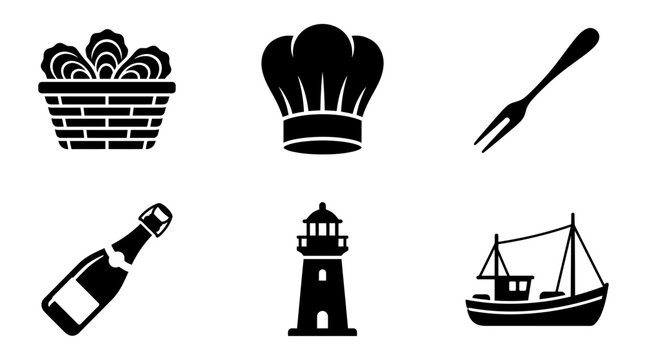 Galway International Oyster Festival celebration silhouette symbols, oyster basket, chef hat, seafood fork, champagne bottle, harbor lighthouse, fishing boat