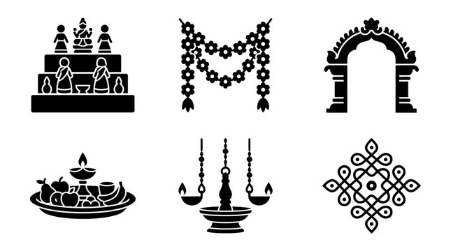 Golu Festival celebration silhouette symbols, doll staircase display, flower garland, temple arch, offering tray, decorative hanging lamp, rangoli pattern, exactly six symbols 