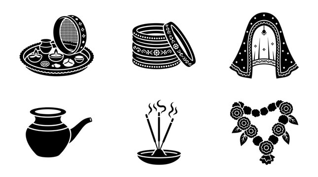 Karva Chauth celebration silhouette symbols, decorated thali, bangles, bridal veil, water vessel, incense holder, floral garland, exactly six symbols only