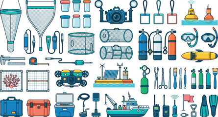 Marine biology research and underwater scuba diving scientific equipment icons set with submarine boat cameras nets tanks and ocean exploration vector © MdMonirul