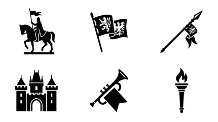 Fototapeta premium St. Wenceslas Festival celebration silhouette symbols, horse statue, medieval banner, ceremonial spear, castle gate, trumpet, procession torch, exactly six symbols only