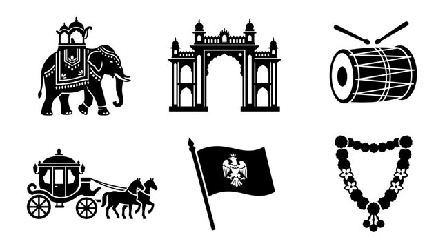 Mysore Dasara celebration silhouette symbols, decorated elephant, palace arch, procession drum, horse carriage, royal flag, flower garland, exactly six symbols