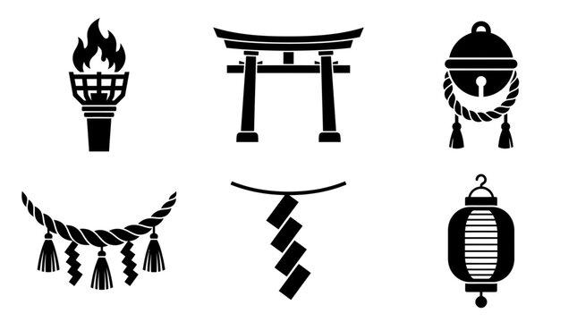Kurama Fire Festival silhouette symbols, giant torch, Shinto torii gate, shrine bell, sacred rope shimenawa, paper shide streamer, temple lantern, exactly six symbols only