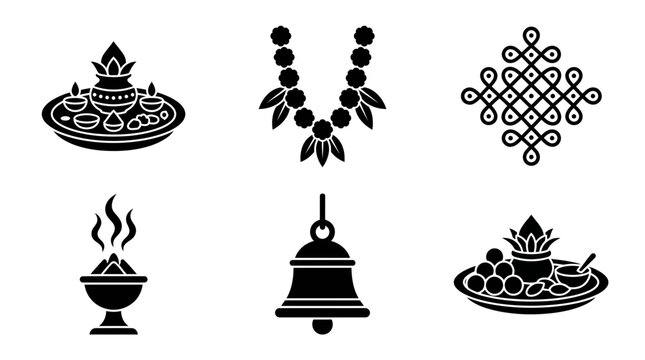 Lakshmi Puja celebration silhouette symbols, decorated puja thali, flower garland, rangoli, incense burner, temple bell, sacred offering tray, exactly six symbols only,