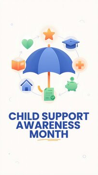 Child Support Awareness Month concept illustration with a blue umbrella protecting various family icons