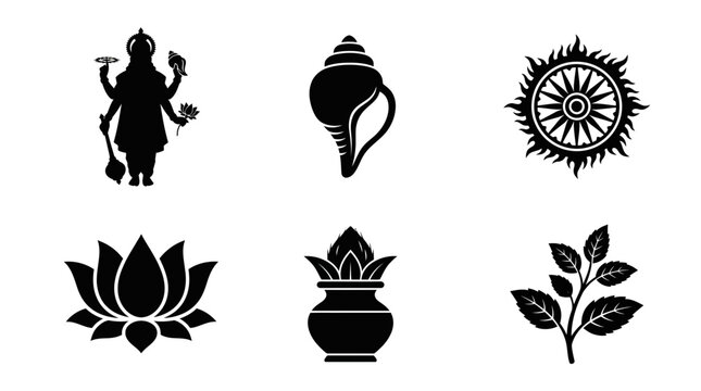 Papankusha Ekadashi silhouette symbols, Lord Vishnu symbol, conch shell, chakra wheel, lotus flower, sacred kalash, tulsi leaves, exactly six symbols only