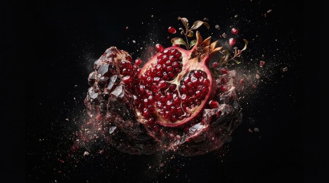 Exploding pomegranate fruit with red seeds