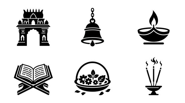 Rama Ekadashi celebration silhouette symbols, temple arch, prayer bell, diya lamp, sacred scripture, flower offering, incense holder, exactly six symbols only