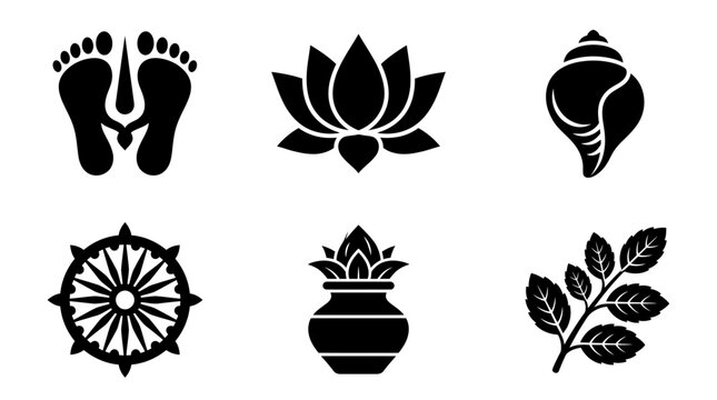 Rama Ekadashi silhouette symbols, Lord Vishnu symbol, lotus flower, conch shell, chakra wheel, sacred water pot, tulsi leaves, exactly six symbols only