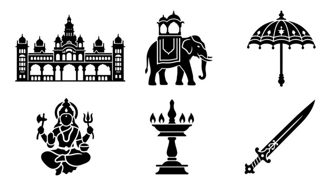 Mysore Dasara silhouette symbols, Mysore Palace, royal elephant, royal umbrella, Goddess Chamundeshwari symbol, temple lamp, ceremonial sword, exactly six symbols only
