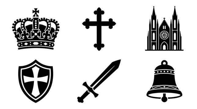St. Wenceslas Festival silhouette symbols, royal crown, cross, cathedral, knight shield, sword, church bell, exactly six symbols only,