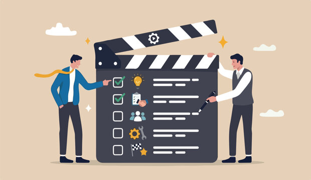 Action plan with checklist step by step of business implementation, procedure strategy plan to finish project concept, businessman manager with director clapboard slate listing action plan steps