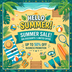 A vibrant summer beach sale advertisement with tropical vacation items © aku