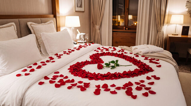 Elegant honeymoon scene featuring a fresh red rose with delicate petals scattered across a luxurious hotel bed. Romantic evening setup symbolizing love, intimacy, passion, and unforgettable couple mom