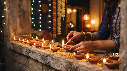 Obraz premium Woman's Hand Lighting A Traditional Diya Near A Window With Warm Golden Light, Festive Decorative Background And Indian Diwali Celebration Atmosphere