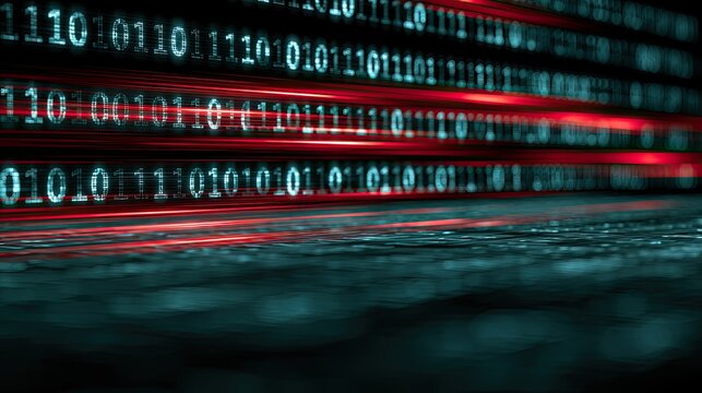Glowing digital data streams with binary code moving forward quickly