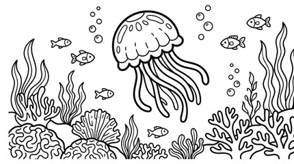 Coloring page outline of a jellyfish floating underwater, coral reef, fish, seaweed, bubbles, kids coloring book.   © Jahan