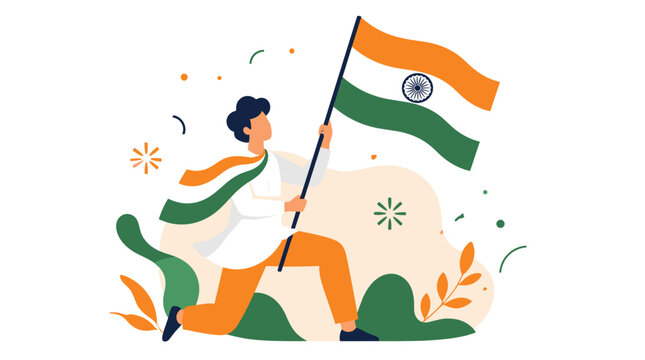 Celebrating figure holding Indian flag victory pose.