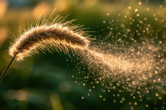Golden sunset light illuminates a fluffy seed head releasing tiny particles into the air