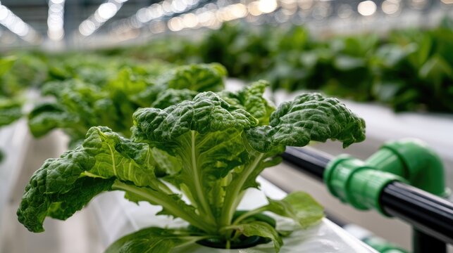 Rows of fresh, green leafy vegetables growing indoors in a hydroponic system