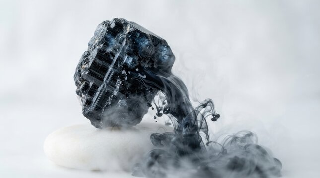 Black tourmaline crystal with swirling black ink in water