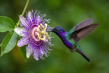 Obraz premium A vibrant hummingbird with iridescent purple and green plumage drinks nectar from a delicate purple passionflower.