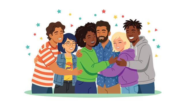 Best friends illustration depicting a diverse group hugging like a best friends flat illustration with smiling people