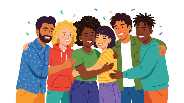 Best friends illustration and best friends flat illustration showing diverse group embracing together