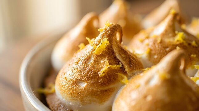 Freshly baked lemon meringue pies in white ceramic dish, golden toasted dessert with citrus filling and fluffy topping ready to serve, perfect for national lemon meringue pie day