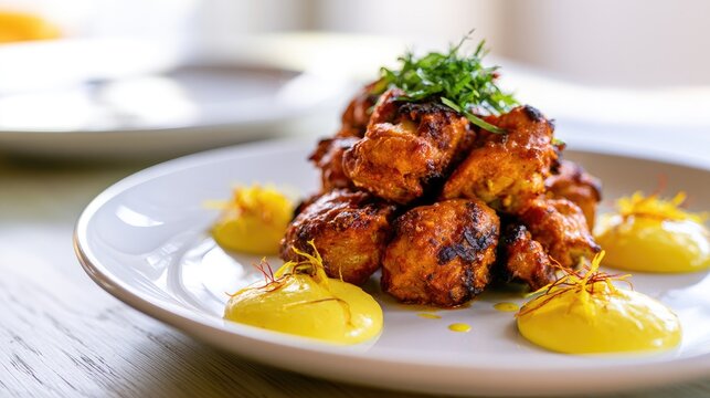 Savory spiced chicken pieces garnished with fresh herbs and creamy sauce