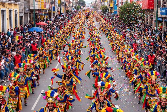 Vibrant Carnival Parade with Dancers in Colorful Costumes and Confetti Falling
