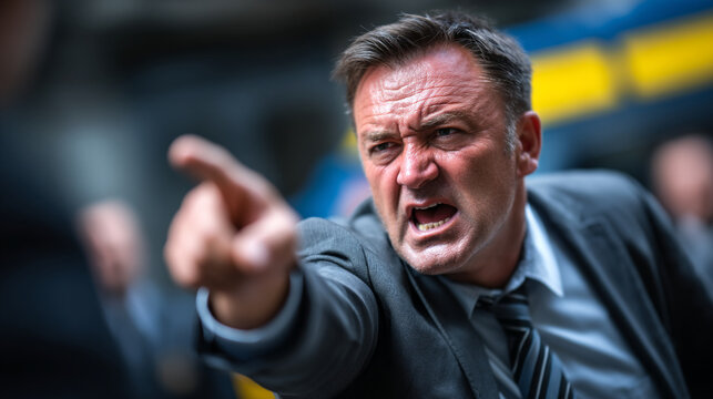 Furious middle-aged man in a suit pointing a finger while shouting aggressively with shouting