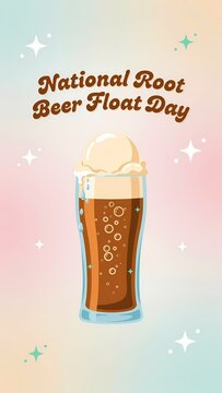 Graphic illustration of a glass of root beer float with text National Root Beer Float Day for social media post
