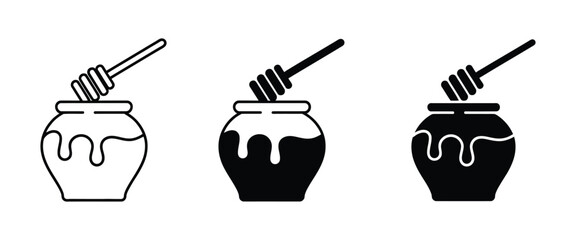 Honey Jar Icon, featuring dripping honey pot, solid and outline style, organic food, bee nectar, honey dipper, healthy sweet vector illustration © shuvo