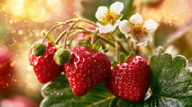 Ripe red strawberries with green leaves and delicate white blossoms