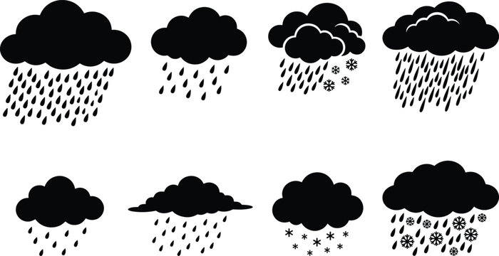 Weather Icons Silhouettes Depicting Rain, Snow, and Mixed Precipitation Cloud Designs