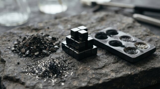 Magnet cubes, crushed ore, metal shavings, and assay tray on stone, a critical minerals still life for mining, magnet production, and resource supply chain concepts.