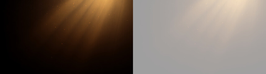 Golden light rays with floating dust particles. Sunbeams and glitter overlay on transparent background. Light leak effect for photo editing © WildStock