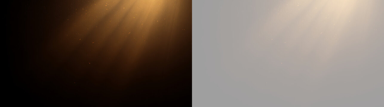 Golden light rays with floating dust particles. Sunbeams and glitter overlay on transparent background. Light leak effect for photo editing