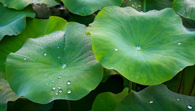 Close Up Of Green Lotus Nelumbo Nucifera Leaves Covered With Clear Water Drops