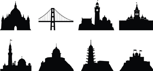 Obraz premium World Famous Landmark and Architecture Building Silhouettes Collection Set on White Background
