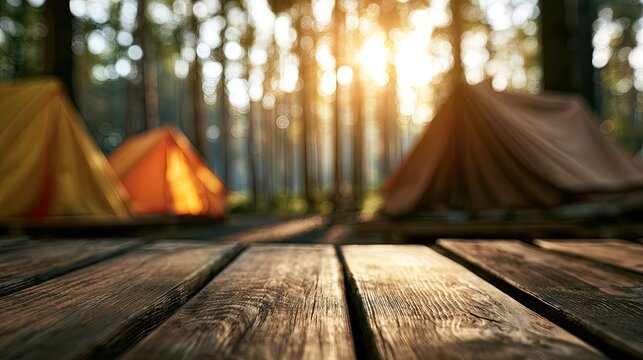 Warm sunlight illuminates a campsite with tents in a forest clearing