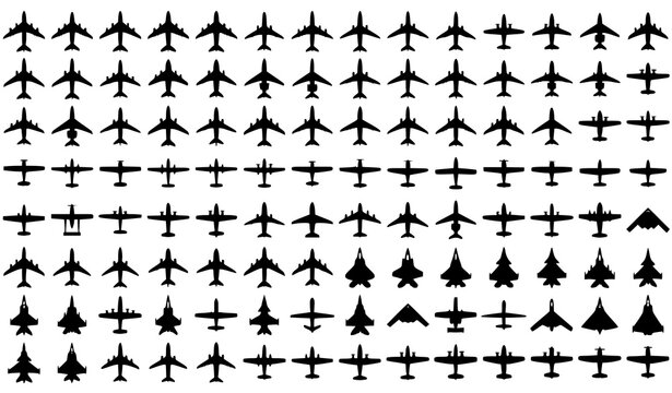 Airplane Top View Silhouette Collection Military and Civil Aircraft Vector