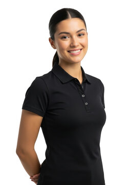 Smiling woman in black polo shirt