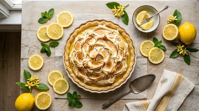 Homemade lemon meringue pie with fresh lemons and mint garnish, classic dessert topped with golden meringue and citrus slices on rustic table, perfect for national lemon meringue pie day
