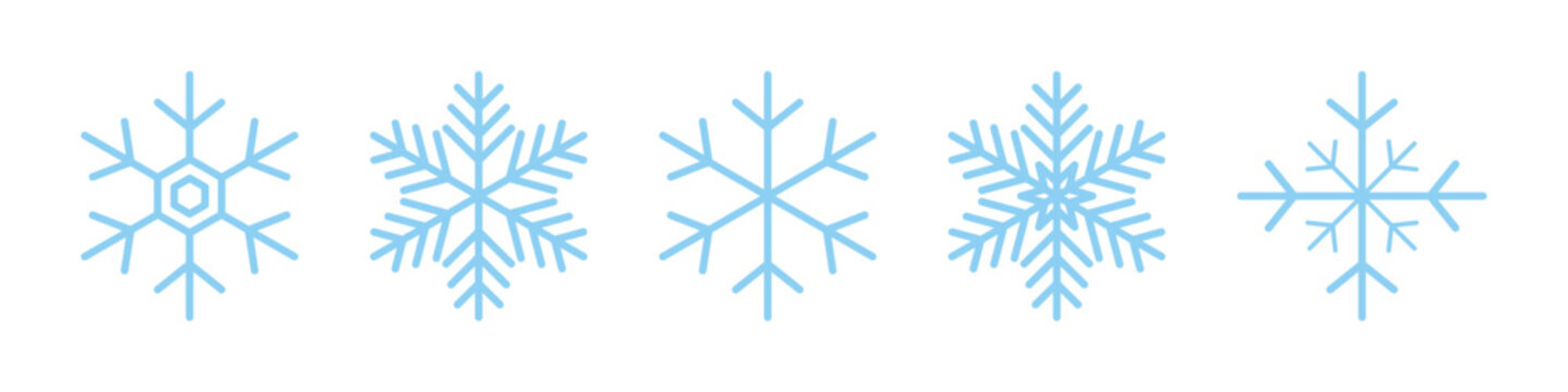 A charming collection of light blue snowflake icons in various styles, ideal for winter, Christmas, and holiday designs, symbolizing cold and festive cheer.