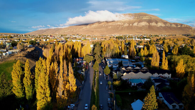 Scenic City In El Calafate Santa Cruz Argentina. Birds Eye View Of Stunning Cityscape With Streets And Buildings. South Pole Lake Patagonia Landscape Snow Mountain.