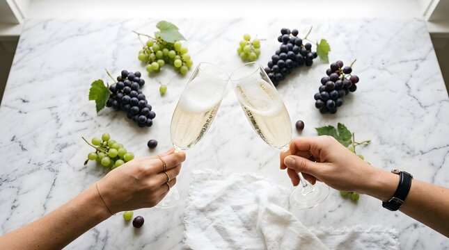 Two women toasting with sparkling wine glasses, celebratory champagne cheers with fresh grapes and green leaves on marble table, perfect for national prosecco day
